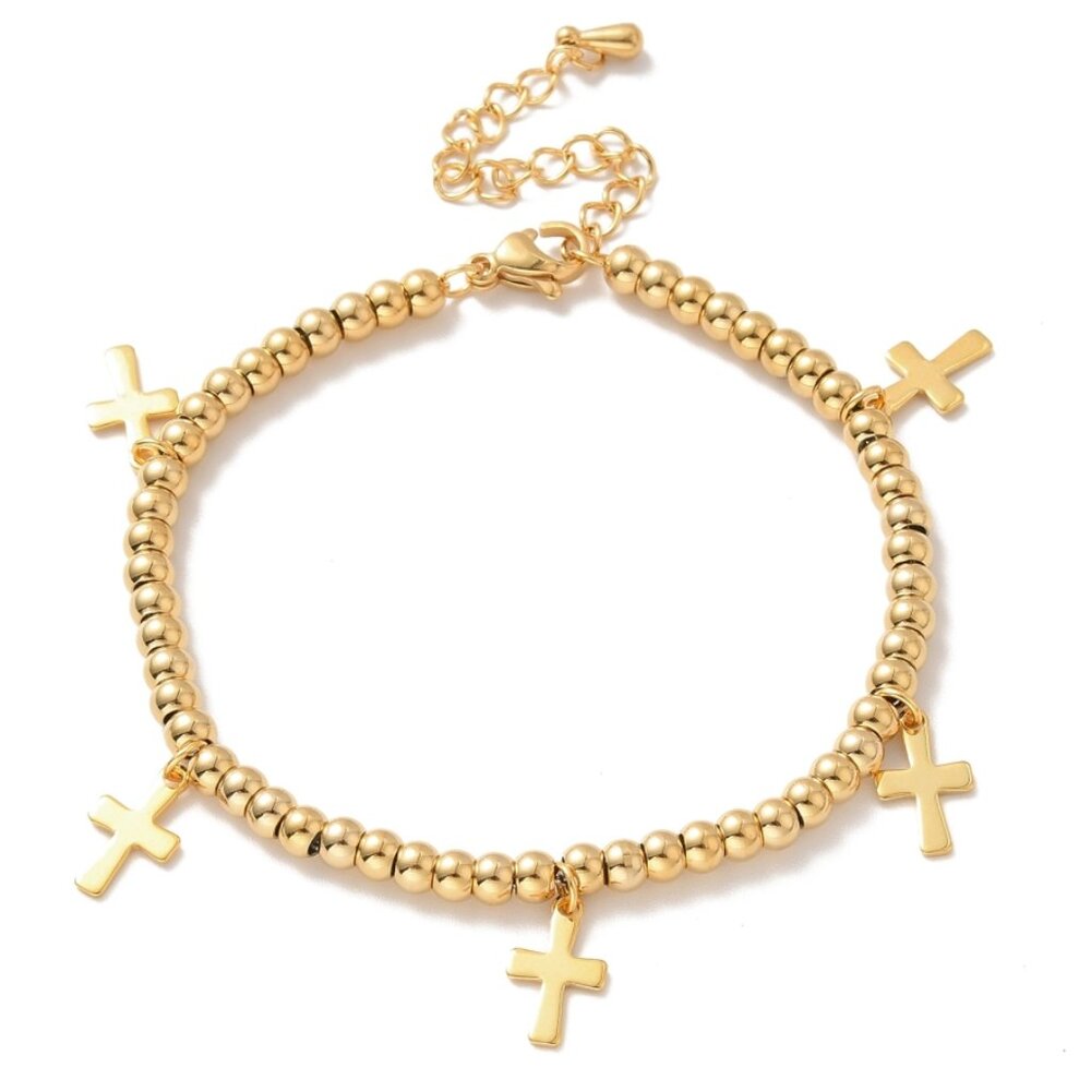 💝5/$25💖 Golden Cross Dangle Beaded Stainless Steel Quality Bracelet NWOT
